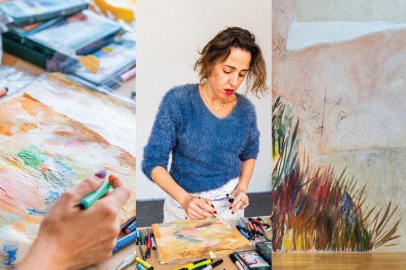 Chafa Ghaddar, Landscape on a table Chafa Ghaddar painting, fresco style painting and an end result of the fresco art painting