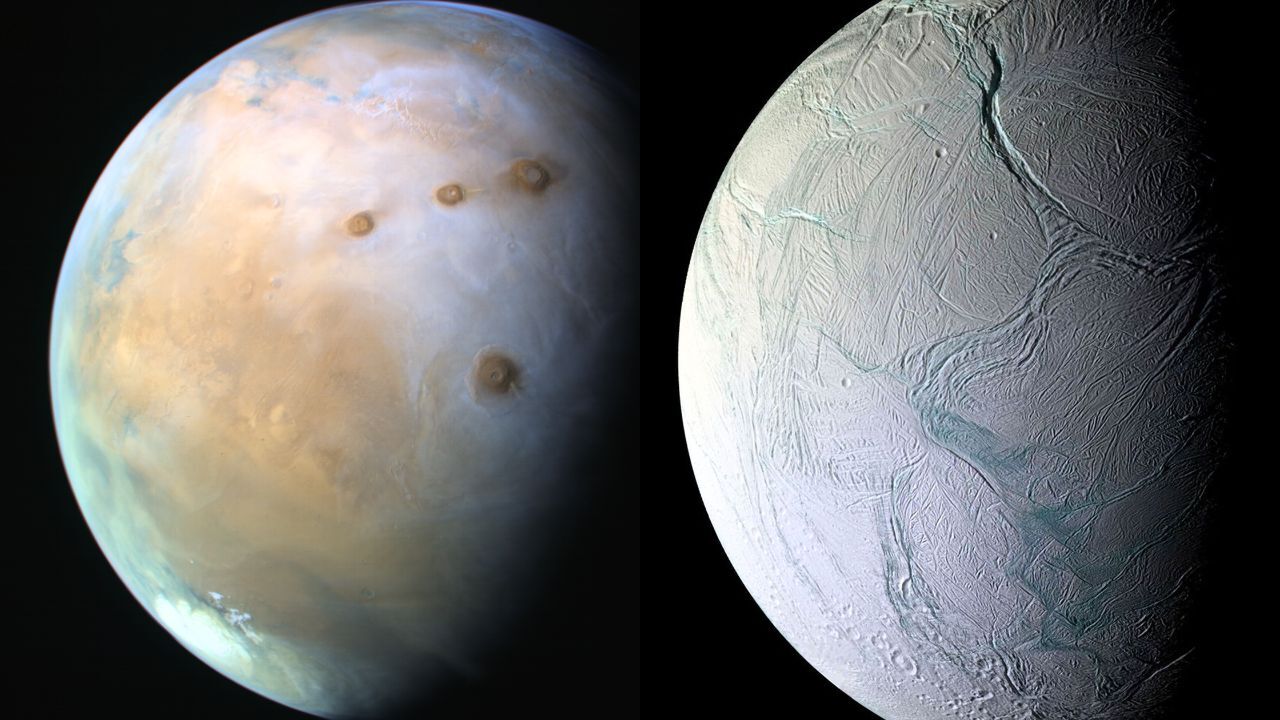 mars, enceladus left image, mars; right image: enceladus, saturn moon