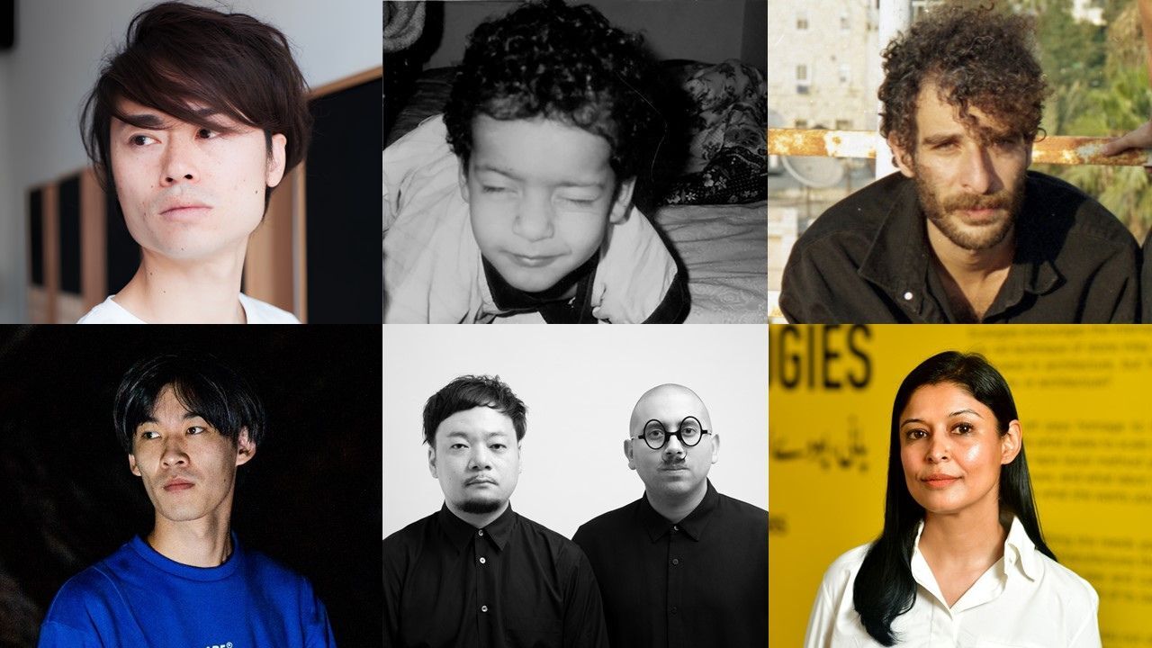 art here 2025 shortlist Group artists from top left to right Ryoichi Kurokawa, Jumairy and Ahmed Al-Aqra. From bottom left to right Rintaro Fuse, YOKOMAE et BOUAYAD and Hamra Abbas. Art here 2025, Louvre Abu Dhabi