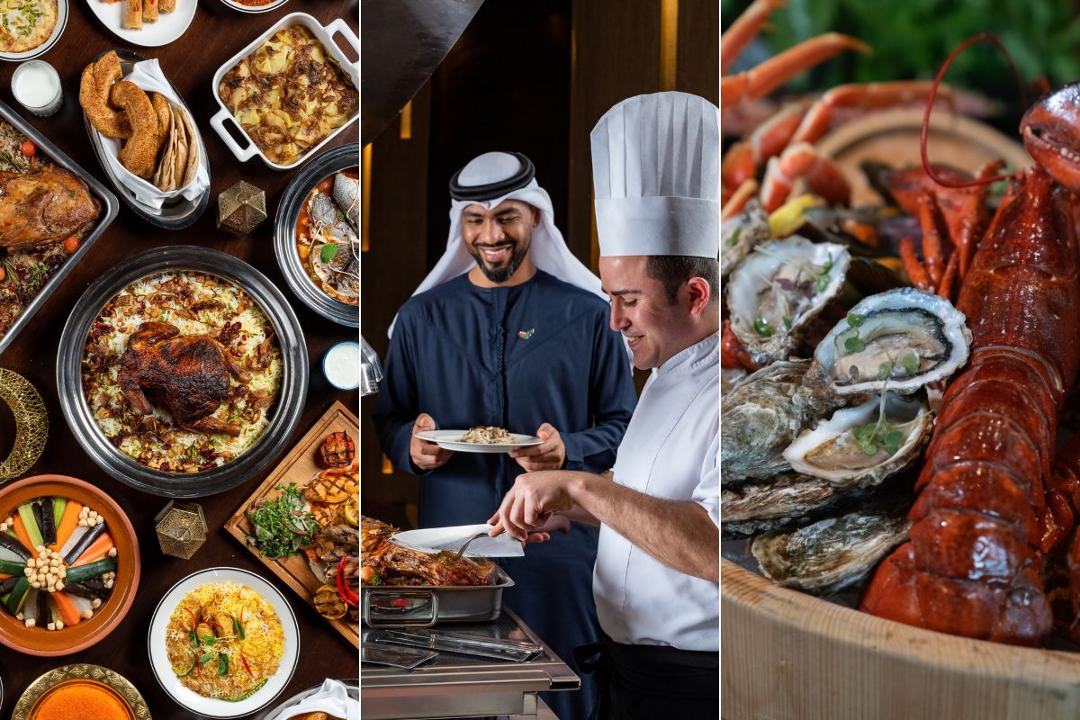 Grand Hyatt Abu Dhabi A variety of Eid Al Adha meals surf and turf style, an Emirati man holding his plate to get another serving from the chef and oyster and lobster for the surf and turf meal at Grand Hyatt Abu Dhabi Summer June offers